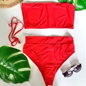 Red Cheeky High Waist Bikini Bandeau Top Set Large